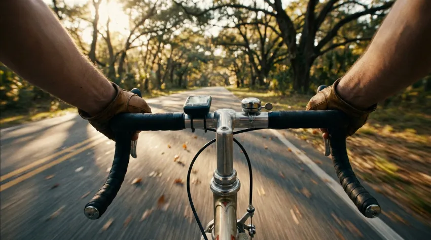 Pogled na krmilo kolesa iz perspektive kolesarja.