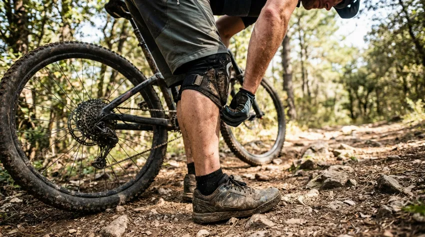 Kolesar si namešča ščitnike za kolena pred vožnjo