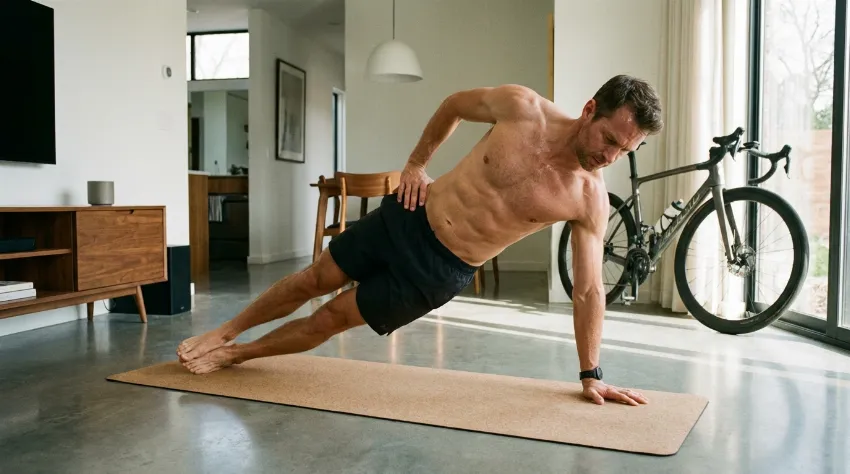 Kolesar izvaja vaje za moč trupa doma.